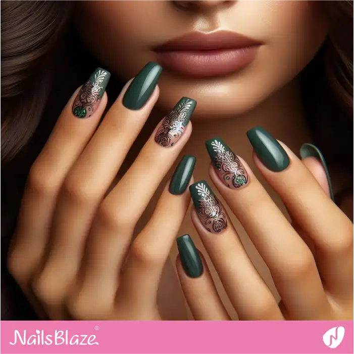 Forest Green Nails with Filigree Design | Classy Nails - NB3971